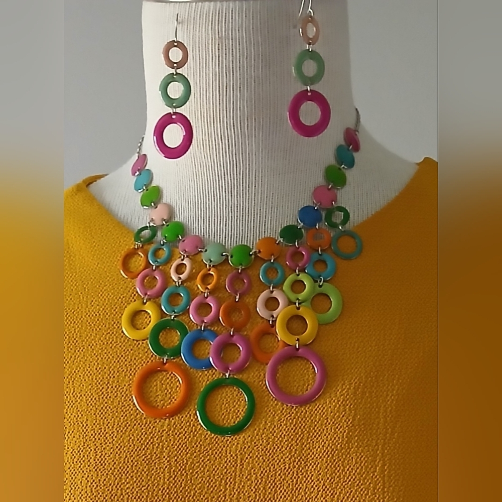 Multicolor Circle Link Statement Necklace And Ear… - image 1